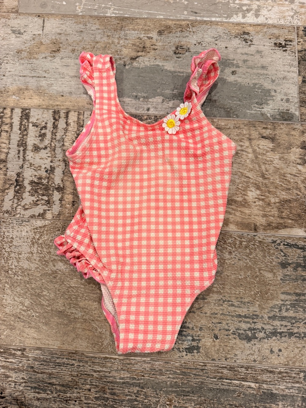 Kids Pink Gingham One-Piece Swimsuit with Daisy Accent
